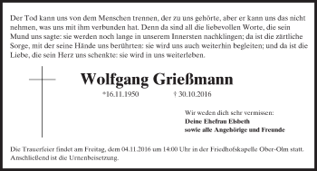 Traueranzeige von Wolfgang Grießmann von Trauerportal Rhein Main Presse