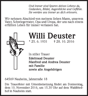 Traueranzeige von Willi Deuster von Trauerportal Echo Online