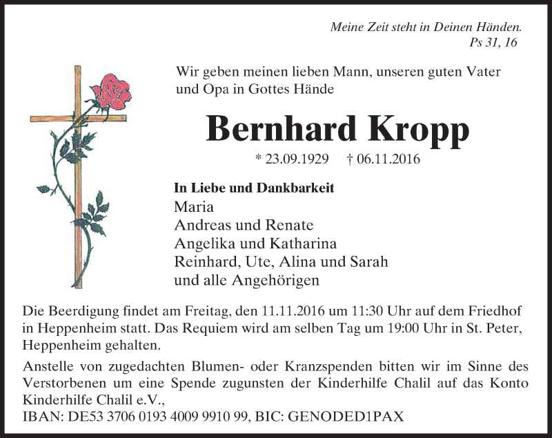  Traueranzeige für Bernhard Kropp vom 09.11.2016 aus Trauerportal Echo Online