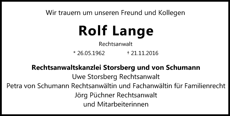  Traueranzeige für Rolf Lange vom 26.11.2016 aus Trauerportal Rhein Main Presse