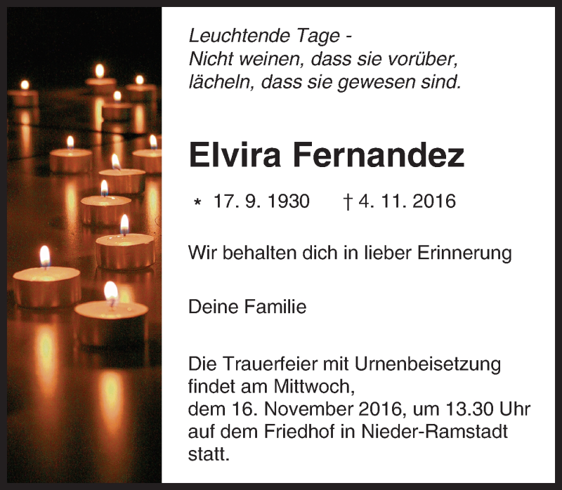  Traueranzeige für Elvira Fernandez vom 12.11.2016 aus Trauerportal Echo Online