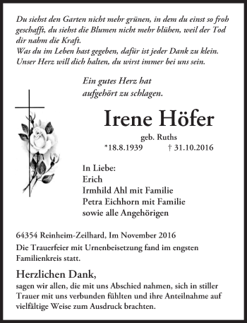 Traueranzeige von Irene Höfer von Trauerportal Echo Online