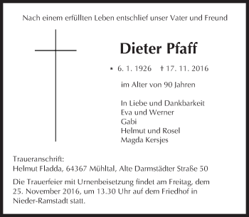 Traueranzeige von Dieter Pfaff von Trauerportal Echo Online