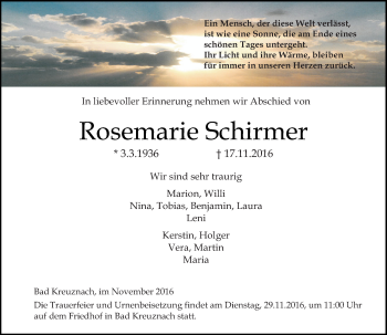 Traueranzeige von Rosemarie Schirmer von Trauerportal Rhein Main Presse