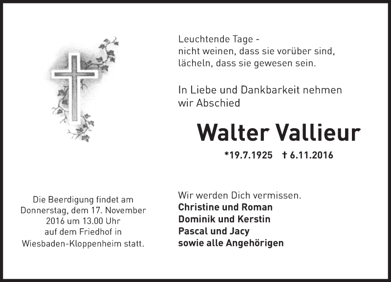  Traueranzeige für Walter Vallieur vom 12.11.2016 aus Trauerportal Rhein Main Presse