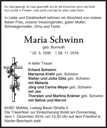 Traueranzeige von Maria Schwinn von Trauerportal Echo Online