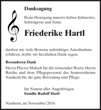 Traueranzeige von Friederike Hartl von Trauerportal Rhein Main Presse