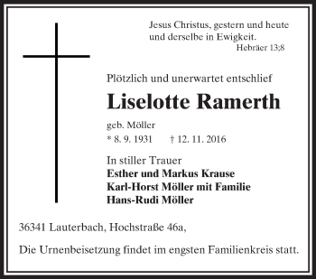 Traueranzeige von Liselotte Ramerth von VRM Trauer