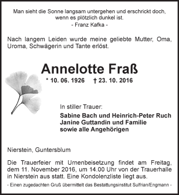Traueranzeige von Annelotte Fraß von Trauerportal Rhein Main Presse