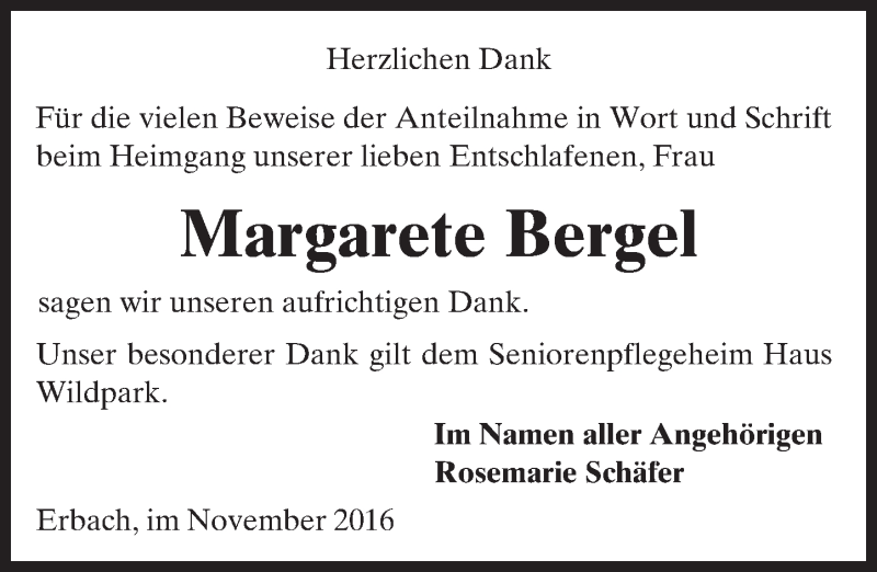 Traueranzeige für Margarete Bergel vom 12.11.2016 aus Trauerportal Echo Online