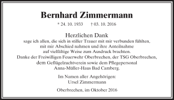Traueranzeige von Bernhard Zimmermann von  Camberger Anzeiger