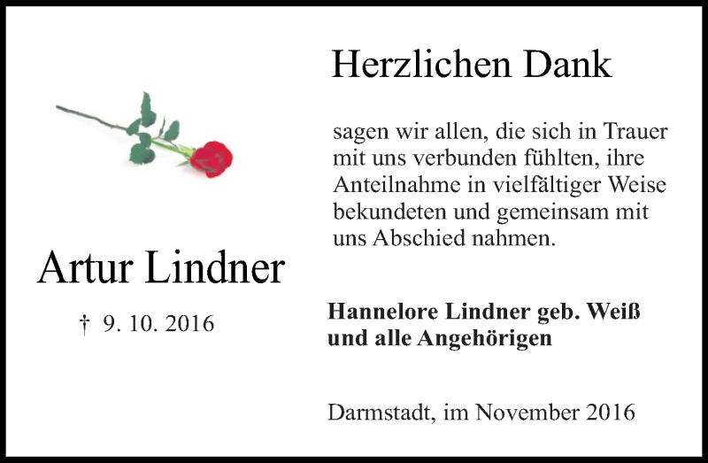  Traueranzeige für Artur Lindner vom 05.11.2016 aus Trauerportal Echo Online