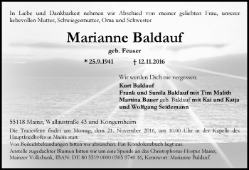 Traueranzeige von Marianne Baldauf von Trauerportal Rhein Main Presse