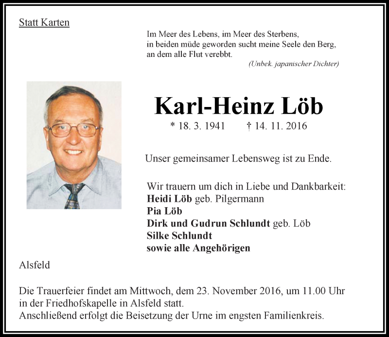  Traueranzeige für Karl-Heinz Löb vom 19.11.2016 aus VRM Trauer