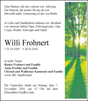 Traueranzeige von Willi Frohnert von Trauerportal Echo Online