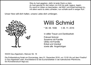 Traueranzeige von Willi Schmid von Trauerportal Rhein Main Presse
