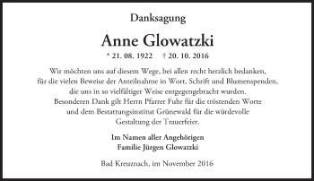 Traueranzeige von Anne Glowatzki von Trauerportal Rhein Main Presse
