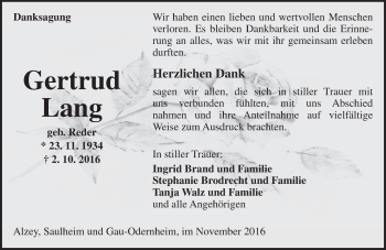 Traueranzeige von Gertrud Lang von Trauerportal Rhein Main Presse