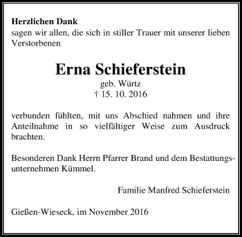 Traueranzeige von Erna Schieferstein von  Gießener Anzeiger