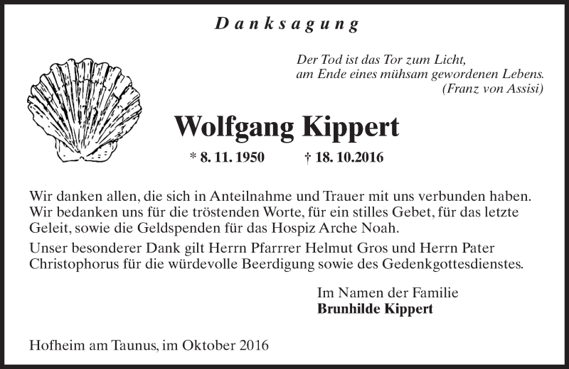  Traueranzeige für Wolfgang Kippert vom 04.11.2016 aus Trauerportal Rhein Main Presse