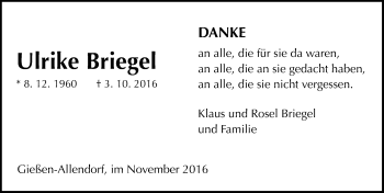 Traueranzeige von Ulrike Briegel von  Gießener Anzeiger
