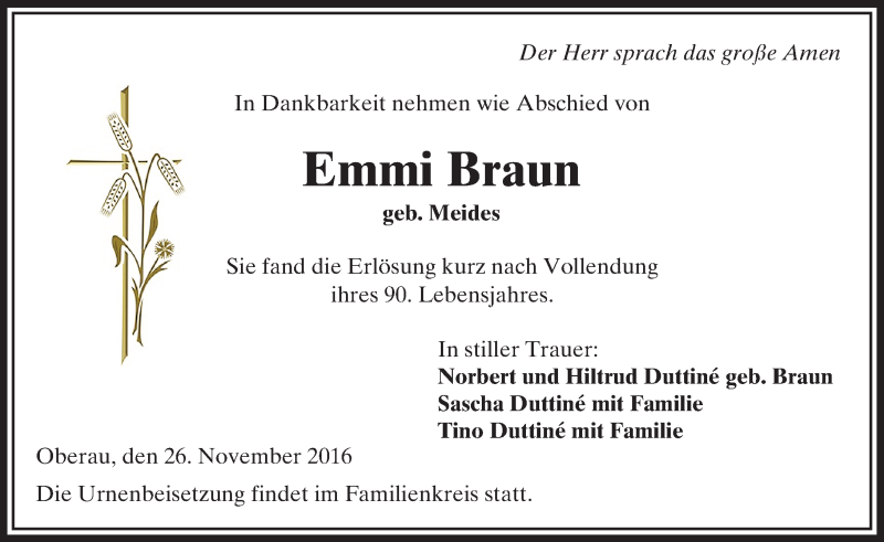  Traueranzeige für Emmi Braun vom 26.11.2016 aus  Kreisanzeiger