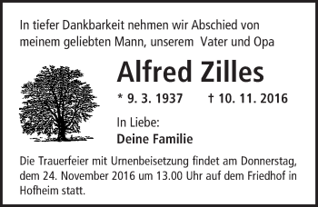 Traueranzeige von Alfred Zilles von Trauerportal Rhein Main Presse