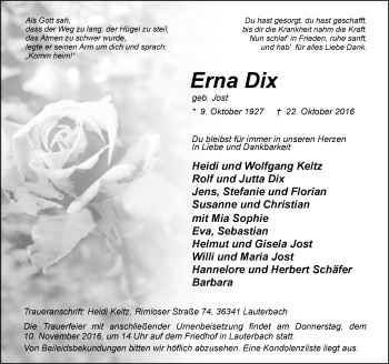 Traueranzeige von Erna Dix von VRM Trauer