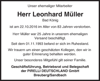 Traueranzeige von Leonhard Müller von Trauerportal Echo Online