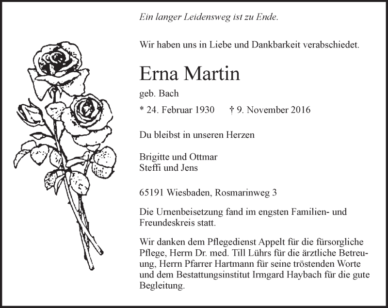  Traueranzeige für Erna Martin vom 26.11.2016 aus Trauerportal Rhein Main Presse