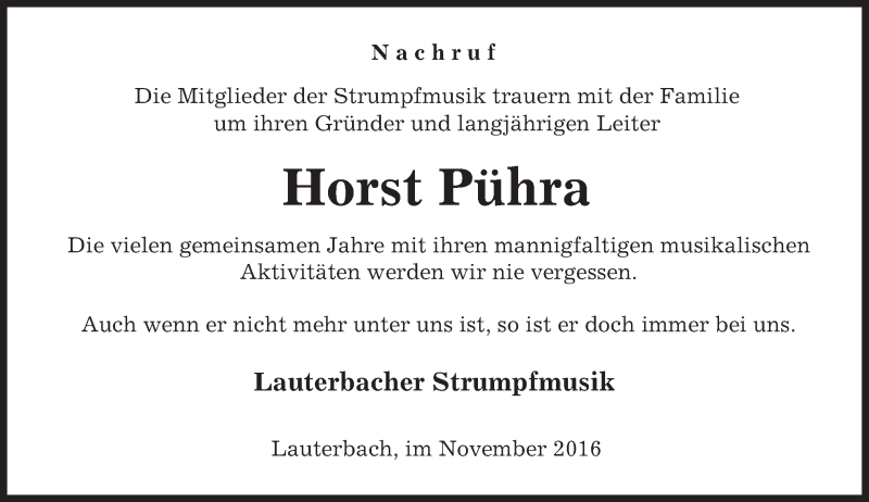  Traueranzeige für Horst Pühra vom 15.11.2016 aus VRM Trauer