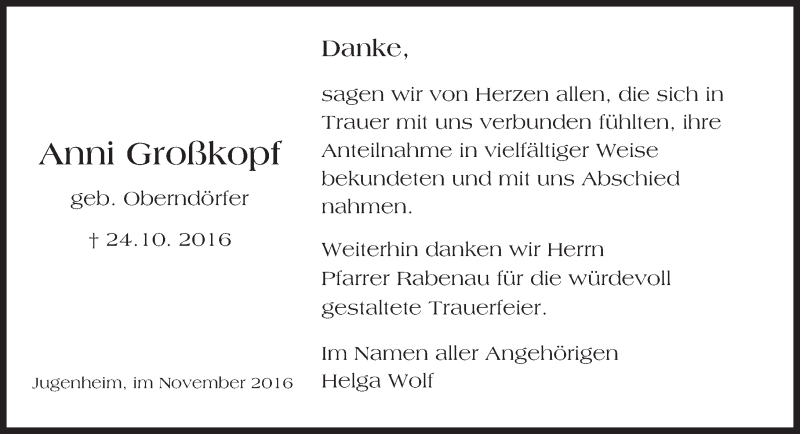  Traueranzeige für Anni Großkopf vom 12.11.2016 aus Trauerportal Echo Online