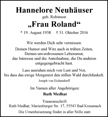 Traueranzeige von Hannelore Neuhäuser von Trauerportal Rhein Main Presse