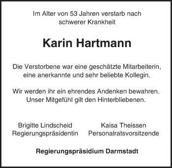 Traueranzeige von Karin Hartmann von Trauerportal Echo Online