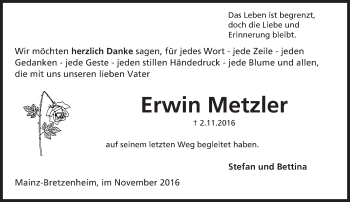 Traueranzeige von Erwin Metzler von Trauerportal Rhein Main Presse