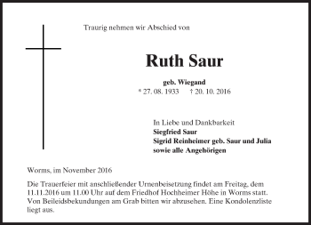 Traueranzeige von Ruth Saur von Trauerportal Rhein Main Presse
