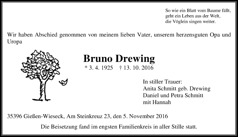  Traueranzeige für Bruno Drewing vom 05.11.2016 aus  Gießener Anzeiger