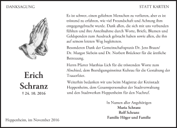 Traueranzeige von Erich Schranz von Trauerportal Echo Online