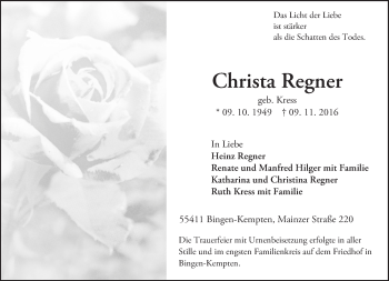 Traueranzeige von Christa Regner von Trauerportal Rhein Main Presse