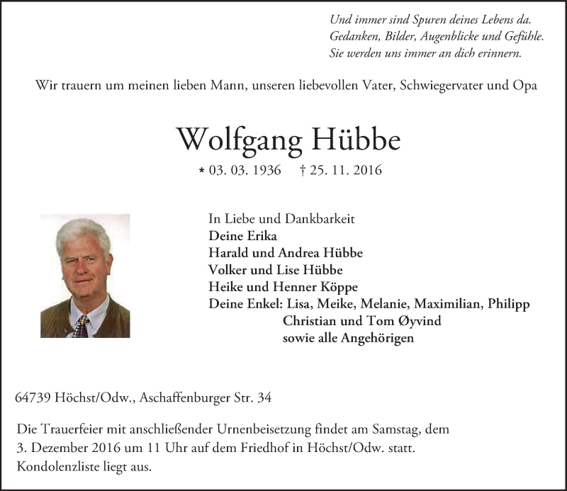  Traueranzeige für Wolfgang Hübbe vom 30.11.2016 aus Trauerportal Echo Online