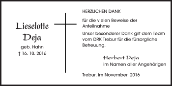 Traueranzeige von Lieselotte Deja von Trauerportal Echo Online
