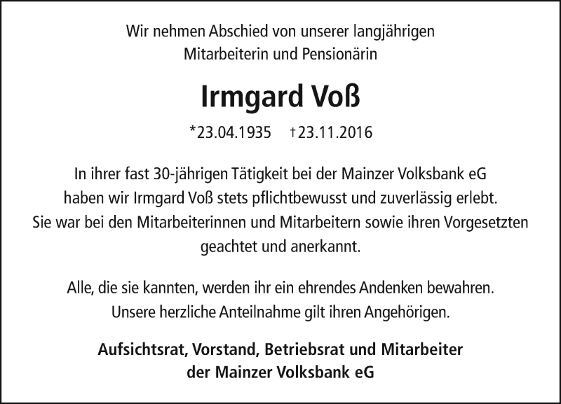  Traueranzeige für Irmgard Voß vom 26.11.2016 aus Trauerportal Rhein Main Presse