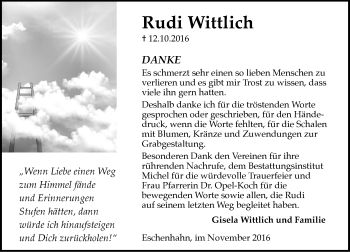 Traueranzeige von Rudi Wittlich von Trauerportal Rhein Main Presse