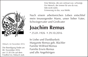 Traueranzeige von Joachim Remus von Trauerportal Echo Online