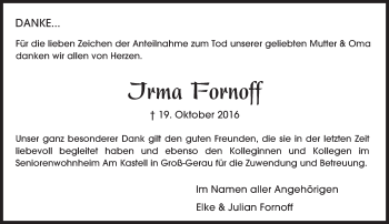 Traueranzeige von Irma Fornoff von Trauerportal Echo Online