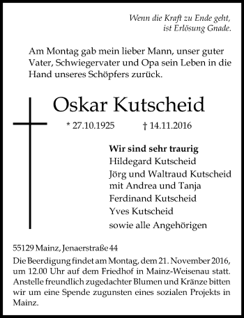 Traueranzeige von Oskar Kutscheid von Trauerportal Rhein Main Presse