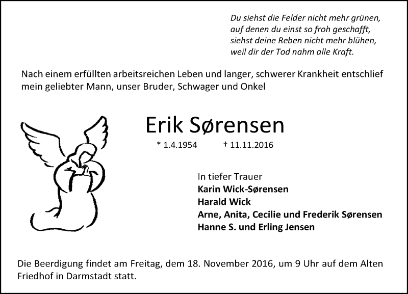 Traueranzeige für Erik Sorensen vom 14.11.2016 aus Trauerportal Echo Online