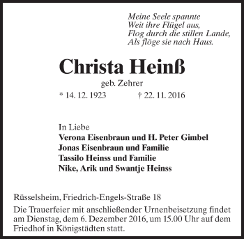 Traueranzeige von Christa Heinß von Trauerportal Rhein Main Presse