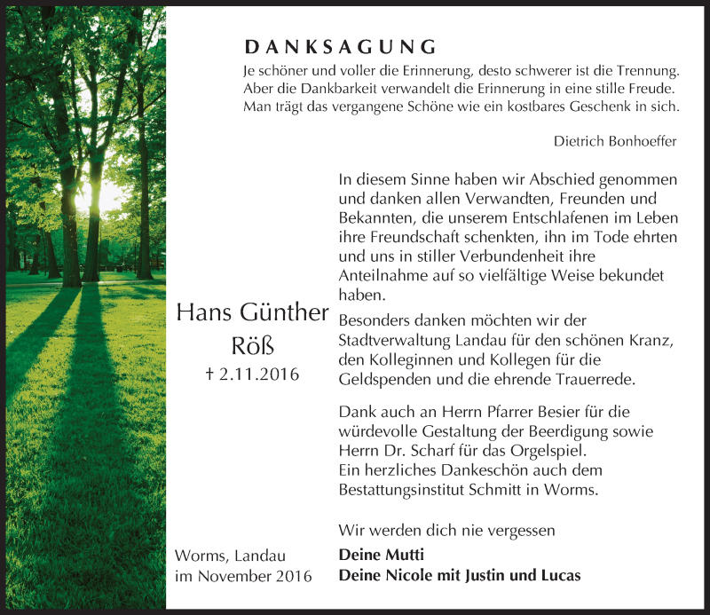  Traueranzeige für Hans Günther Röß vom 26.11.2016 aus Trauerportal Rhein Main Presse