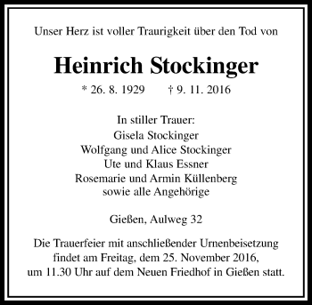 Traueranzeige von Heinrich Stockinger von  Gießener Anzeiger